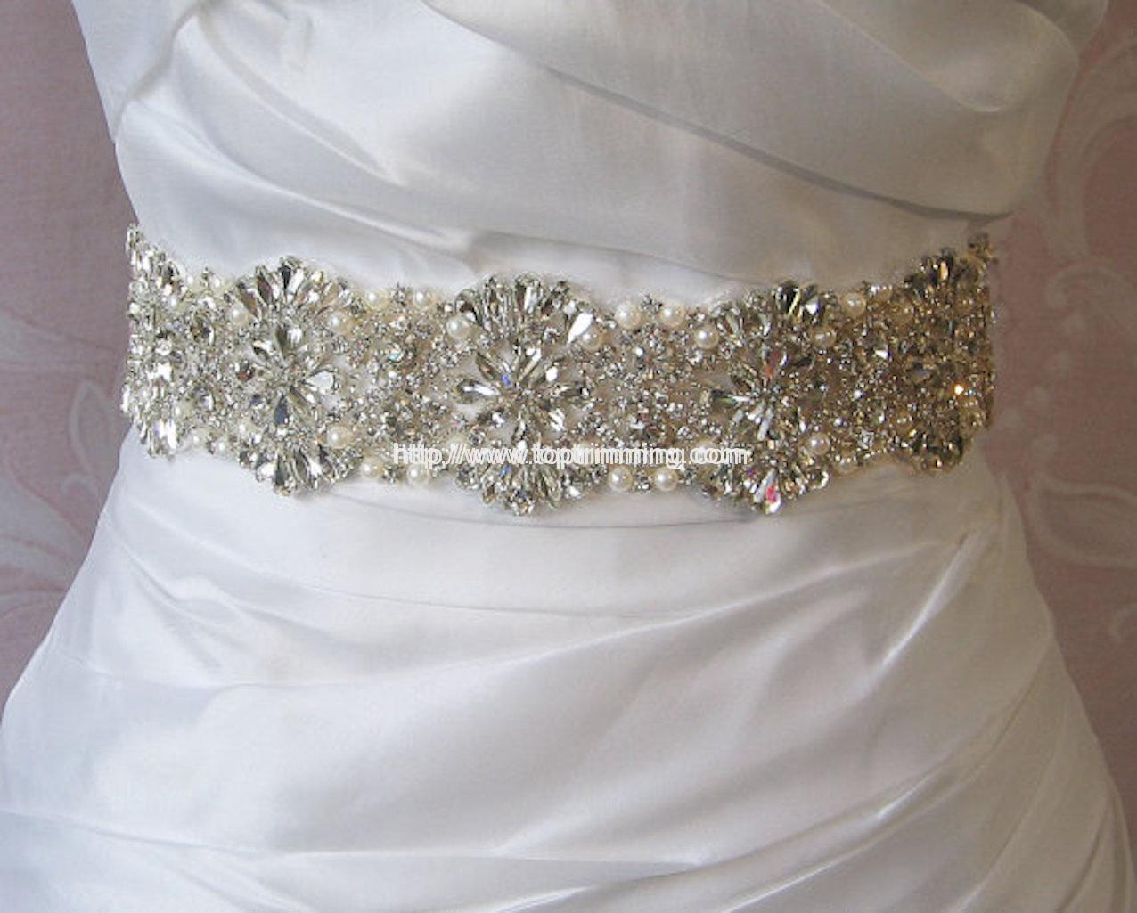 2 Yard Silver Beaded Pearl trim Bridal Crystal Trim Wedding Applique Belt 